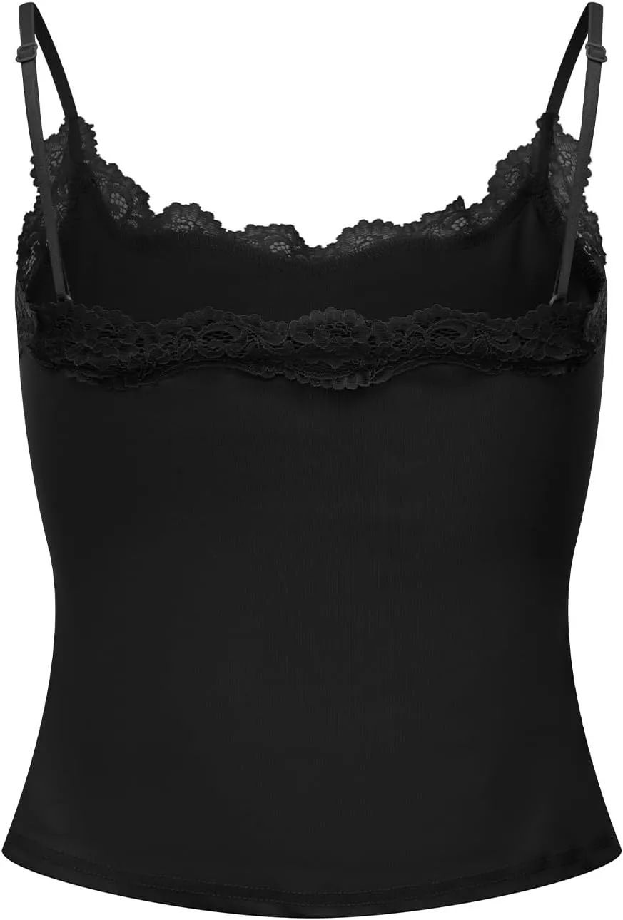 Women's Cami Tops Spaghetti Strap Sleeveless Lace Trim Solid Color Slim Fit Camisole Summer Tops