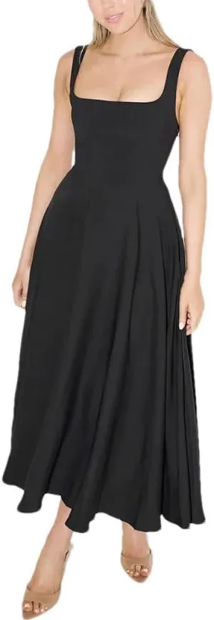 Womens Camisole Long Dress Square Neck Slim Fit Waist Hugging Solid Summer Elegant
