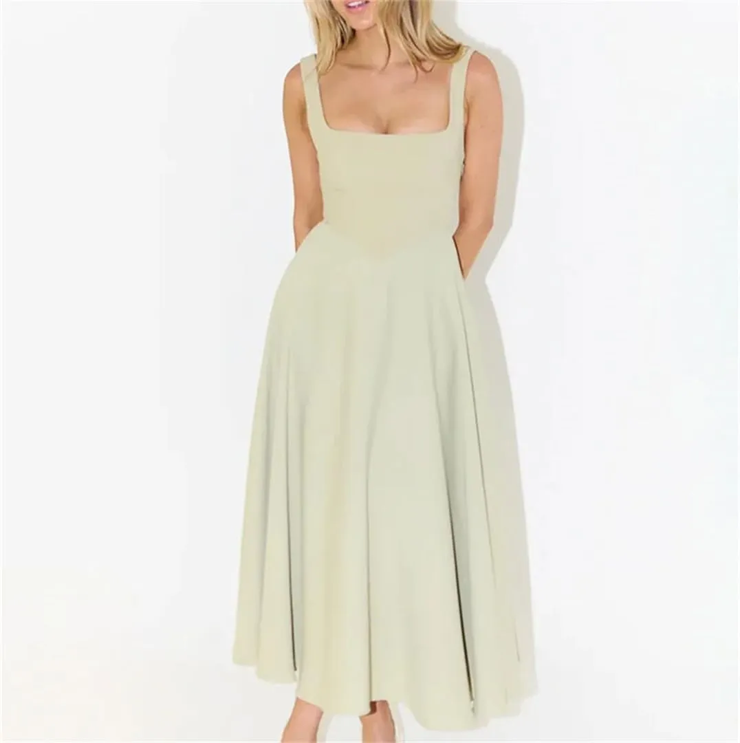 Womens Camisole Long Dress Square Neck Slim Fit Waist Hugging Solid Summer Elegant