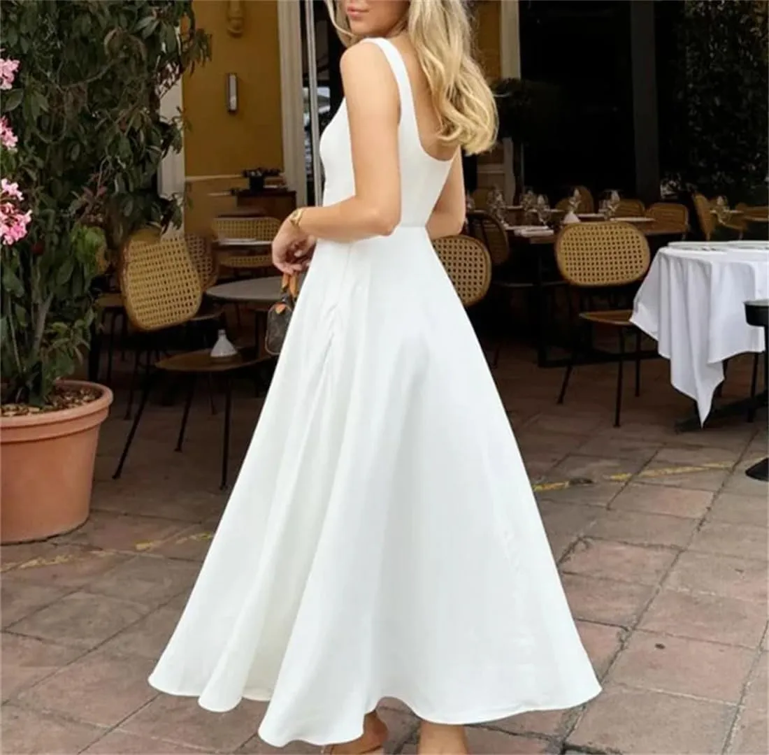 Womens Camisole Long Dress Square Neck Slim Fit Waist Hugging Solid Summer Elegant