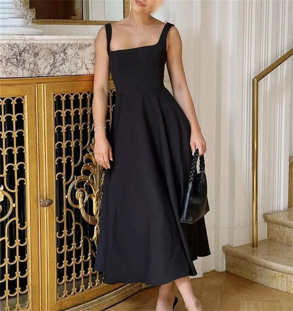 Womens Camisole Long Dress Square Neck Slim Fit Waist Hugging Solid Summer Elegant