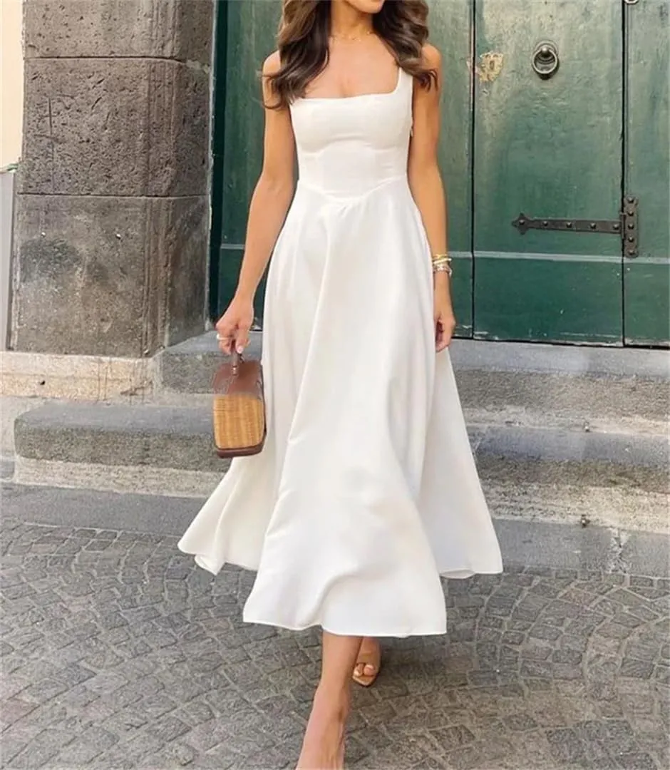 Womens Camisole Long Dress Square Neck Slim Fit Waist Hugging Solid Summer Elegant