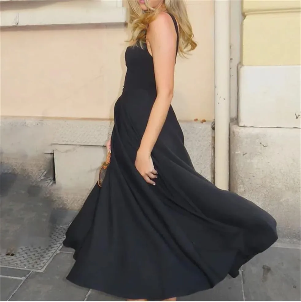 Womens Camisole Long Dress Square Neck Slim Fit Waist Hugging Solid Summer Elegant