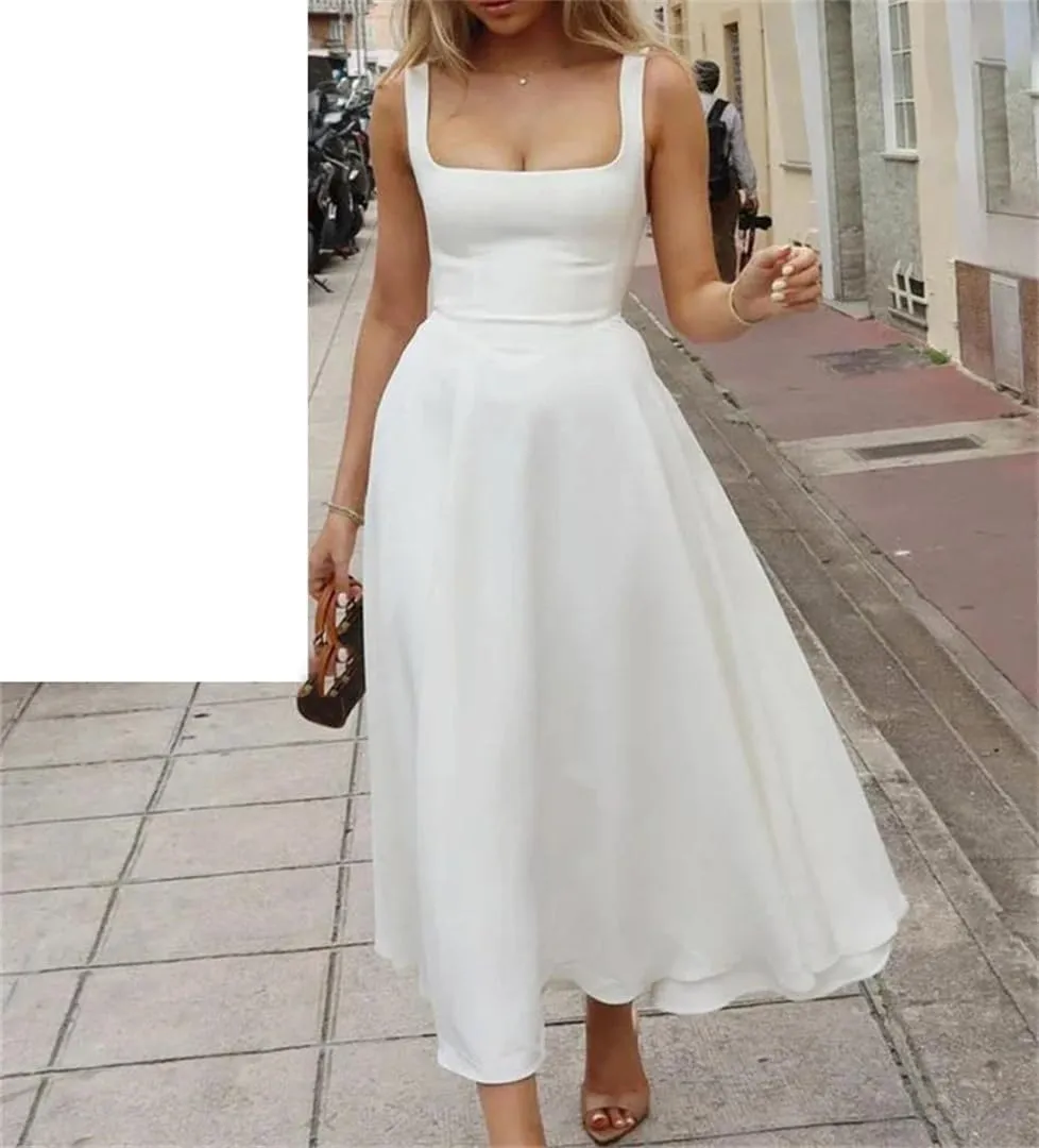 Womens Camisole Long Dress Square Neck Slim Fit Waist Hugging Solid Summer Elegant