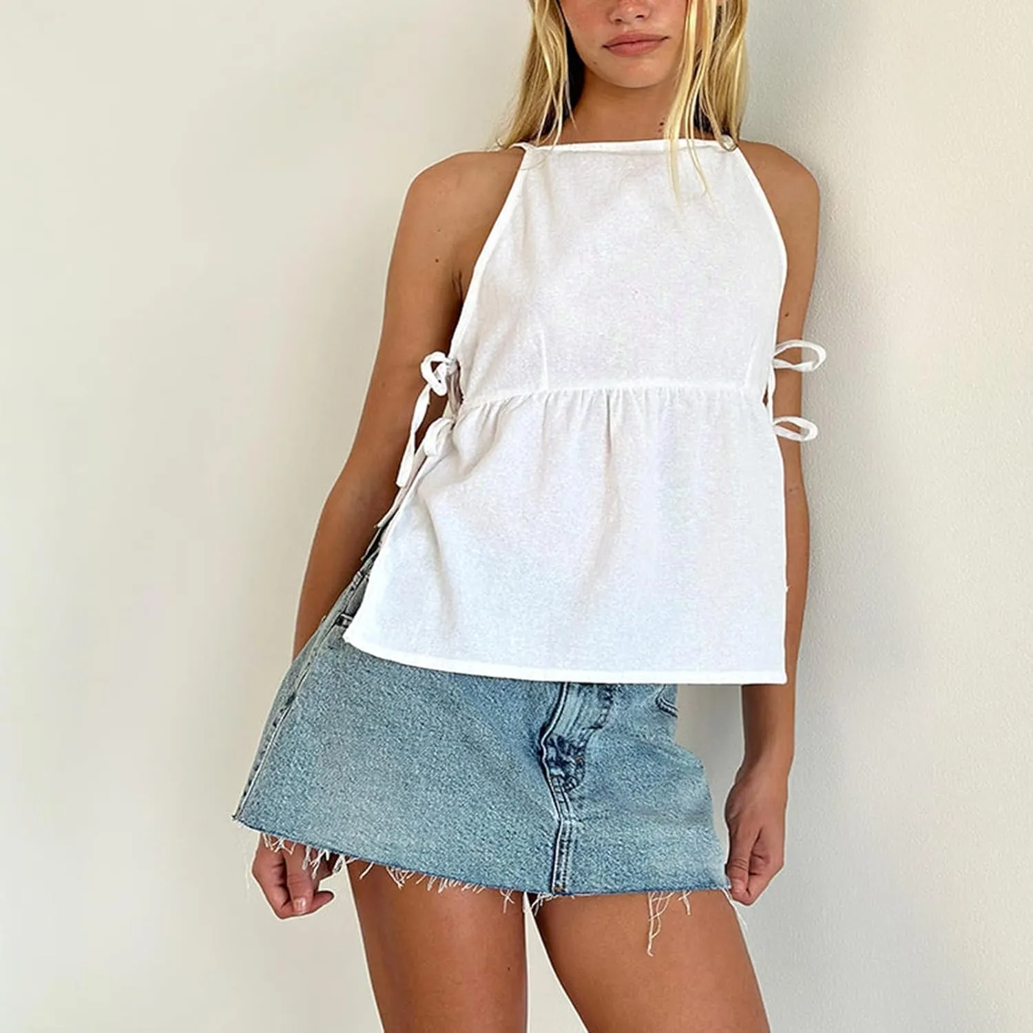 Women's Camisole Summer Tie Strap Tank Tops Y2k Solid Plaid Side Ties Sleeveless Tops Floral Embroidered Vest Top