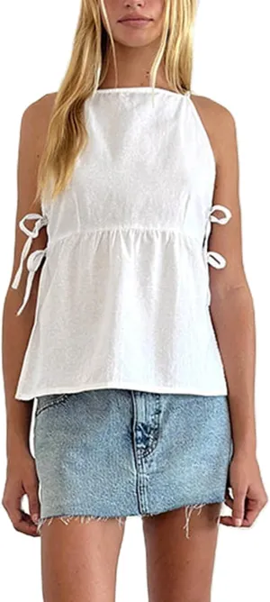Women's Camisole Summer Tie Strap Tank Tops Y2k Solid Plaid Side Ties Sleeveless Tops Floral Embroidered Vest Top