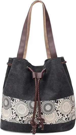 Womens Canvas Handbag Ladies Shoulder Bags Top Handle Bags Drawstring