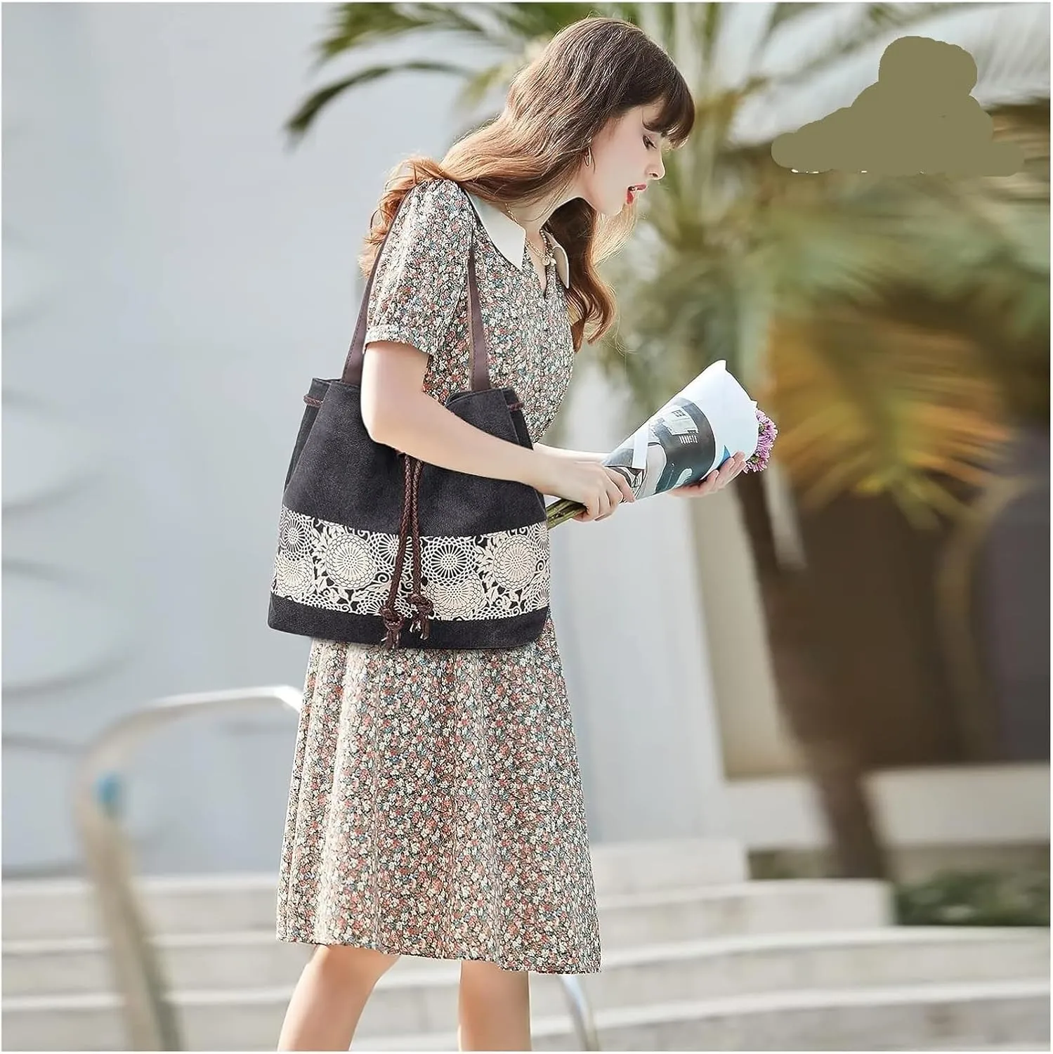 Womens Canvas Handbag Ladies Shoulder Bags Top Handle Bags Drawstring