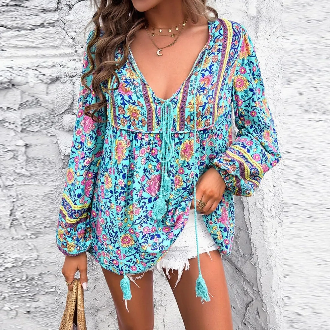 Women's Casual Floral Print V Neck Top Loose Boho Long Sleeve Beach Shirts Blouses