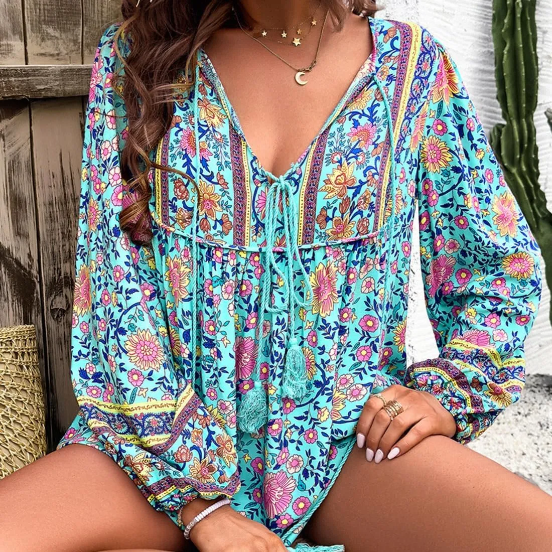 Women's Casual Floral Print V Neck Top Loose Boho Long Sleeve Beach Shirts Blouses