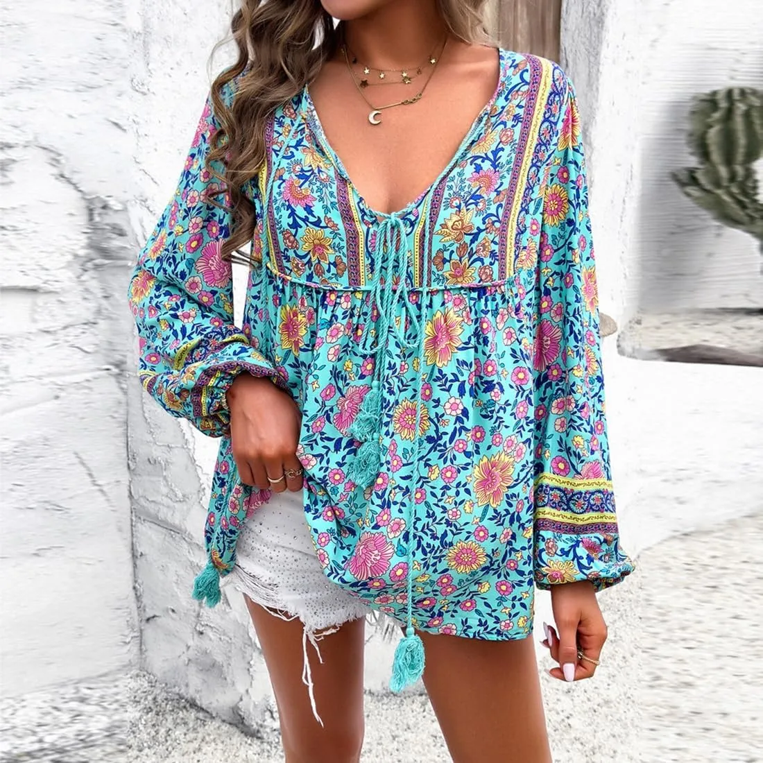 Women's Casual Floral Print V Neck Top Loose Boho Long Sleeve Beach Shirts Blouses