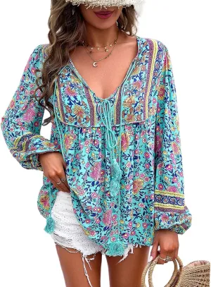 Women's Casual Floral Print V Neck Top Loose Boho Long Sleeve Beach Shirts Blouses