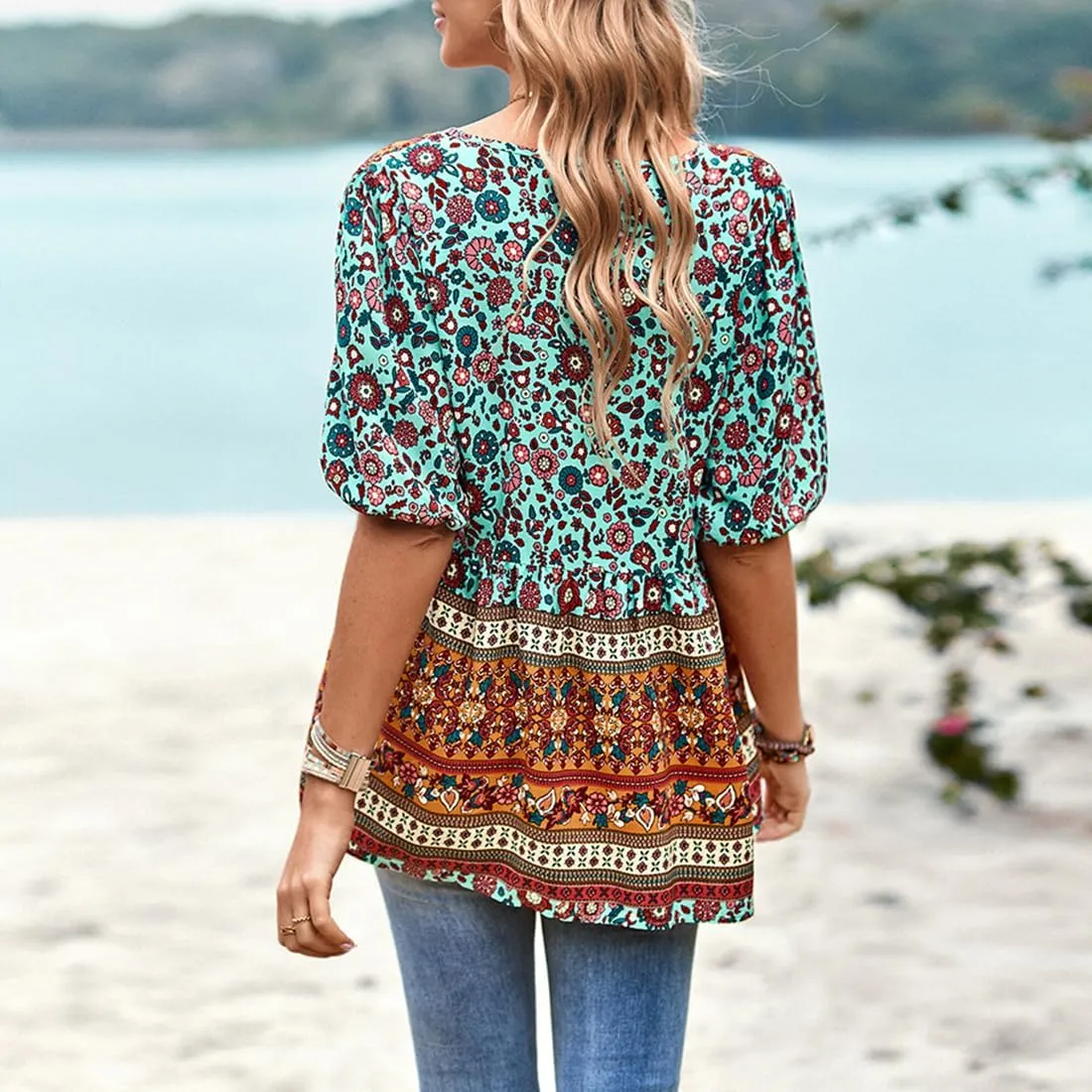 Women's Casual Floral Print V Neck Top Loose Boho Short Sleeve Beach Shirts Blouses