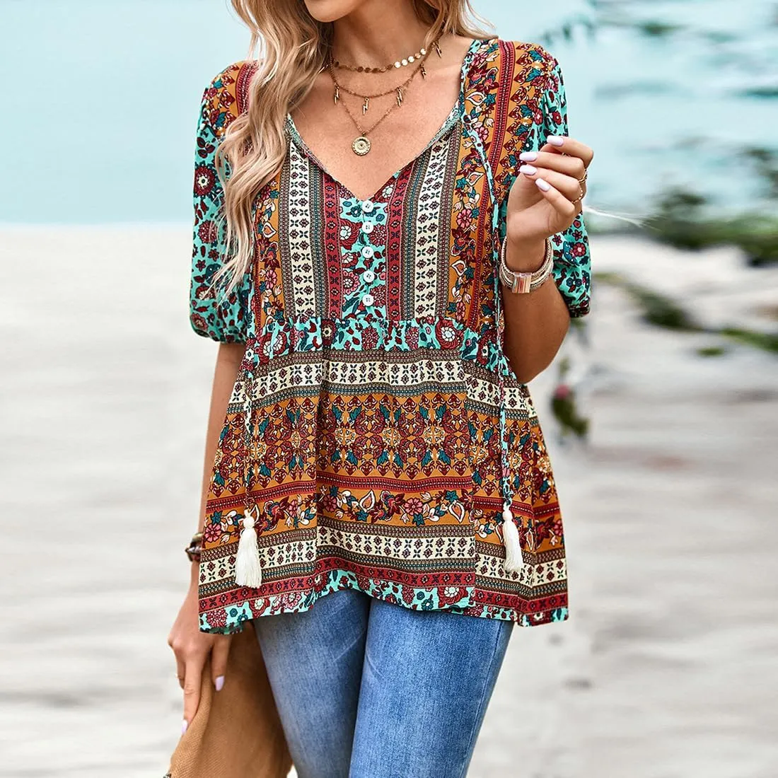 Women's Casual Floral Print V Neck Top Loose Boho Short Sleeve Beach Shirts Blouses
