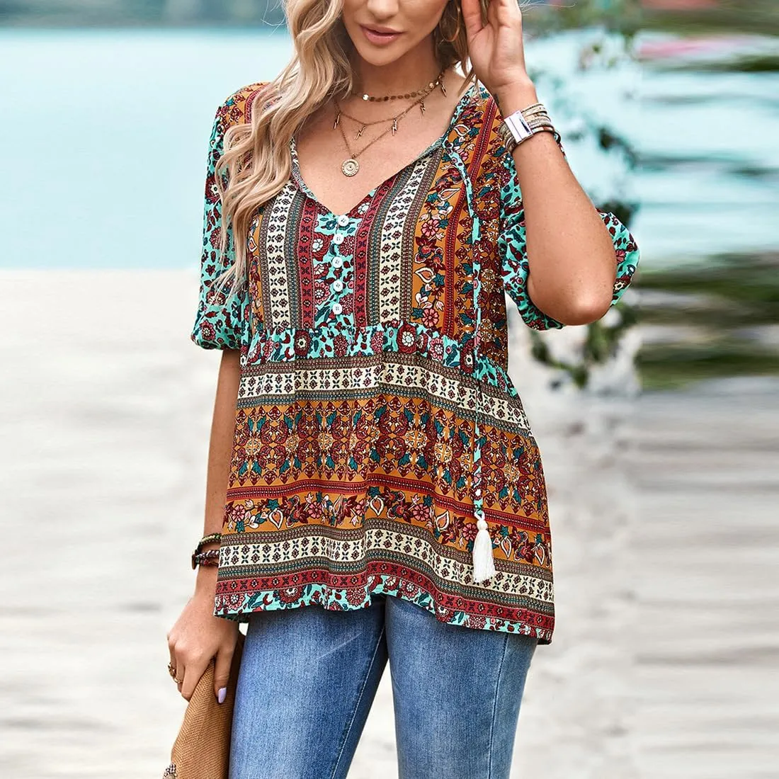 Women's Casual Floral Print V Neck Top Loose Boho Short Sleeve Beach Shirts Blouses