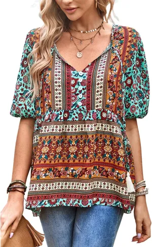 Women's Casual Floral Print V Neck Top Loose Boho Short Sleeve Beach Shirts Blouses