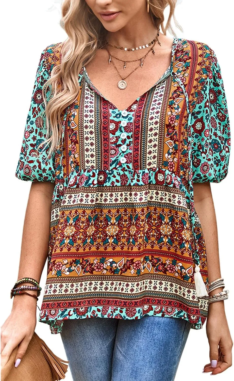 Women's Casual Floral Print V Neck Top Loose Boho Short Sleeve Beach Shirts Blouses