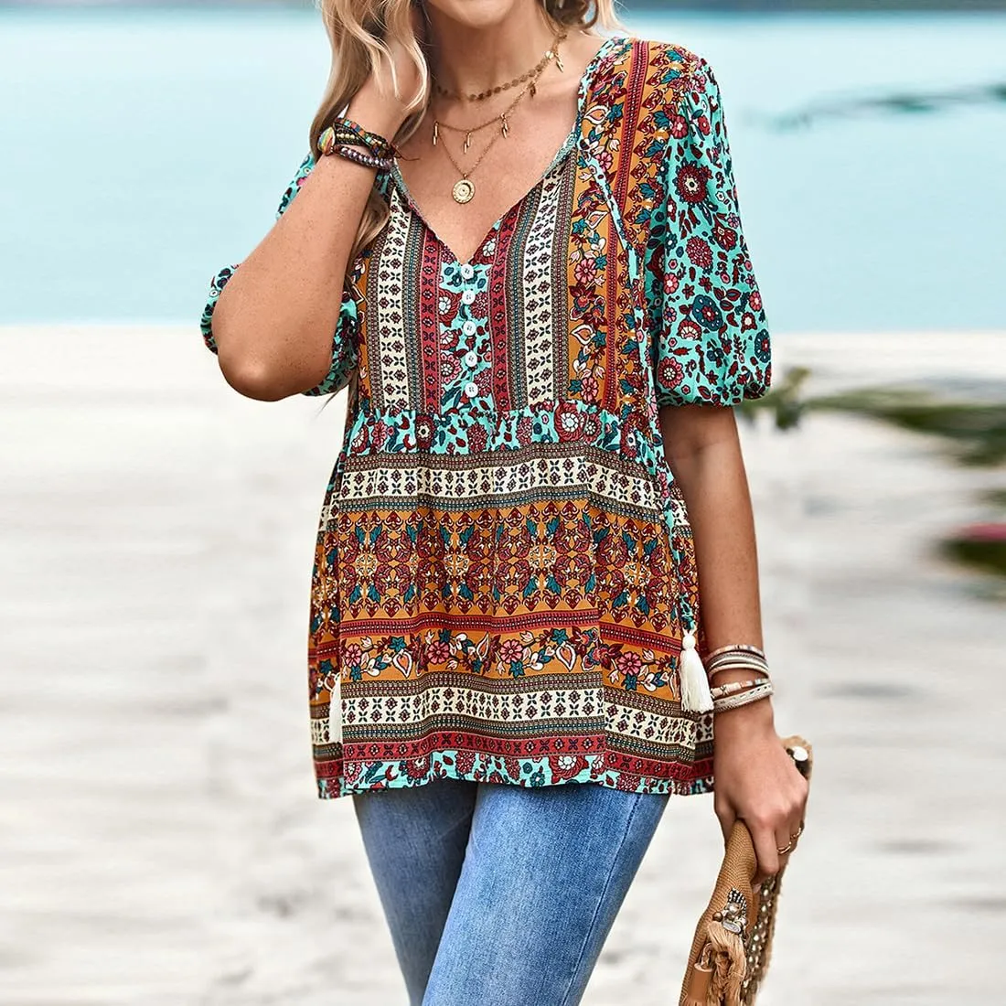 Women's Casual Floral Print V Neck Top Loose Boho Short Sleeve Beach Shirts Blouses