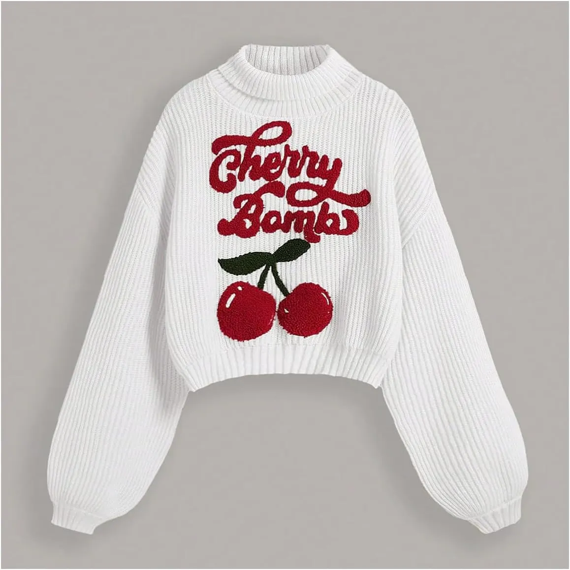Women's Cherry Embroidered Turtleneck Sweaters Long Sleeve Knit Pullover Tops Knitwear