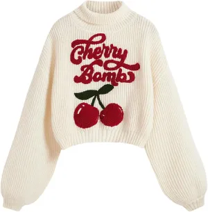Women's Cherry Embroidered Turtleneck Sweaters Long Sleeve Knit Pullover Tops Knitwear