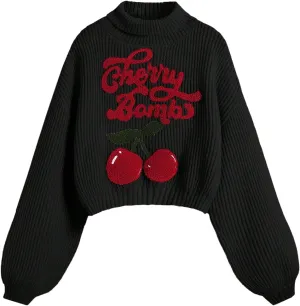 Women's Cherry Embroidered Turtleneck Sweaters Long Sleeve Knit Pullover Tops Knitwear
