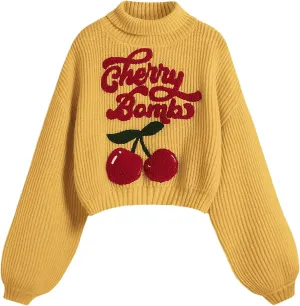 Women's Cherry Embroidered Turtleneck Sweaters Long Sleeve Knit Pullover Tops Knitwear