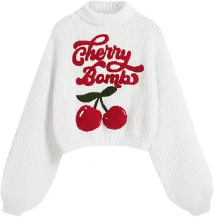 Women's Cherry Embroidered Turtleneck Sweaters Long Sleeve Knit Pullover Tops Knitwear