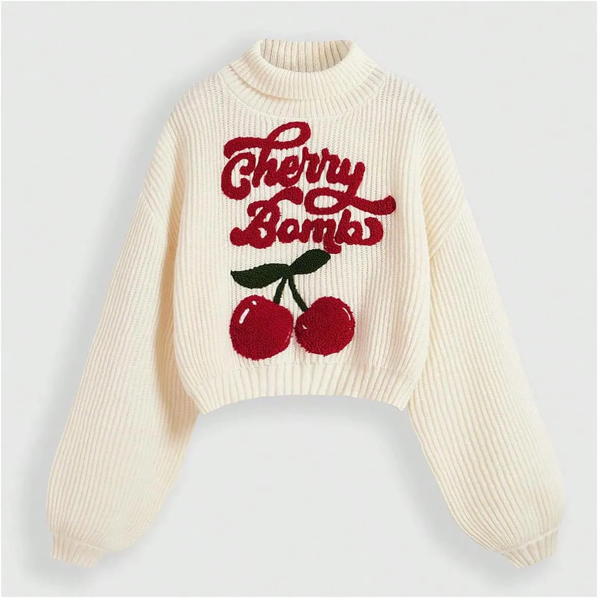 Women's Cherry Embroidered Turtleneck Sweaters Long Sleeve Knit Pullover Tops Knitwear