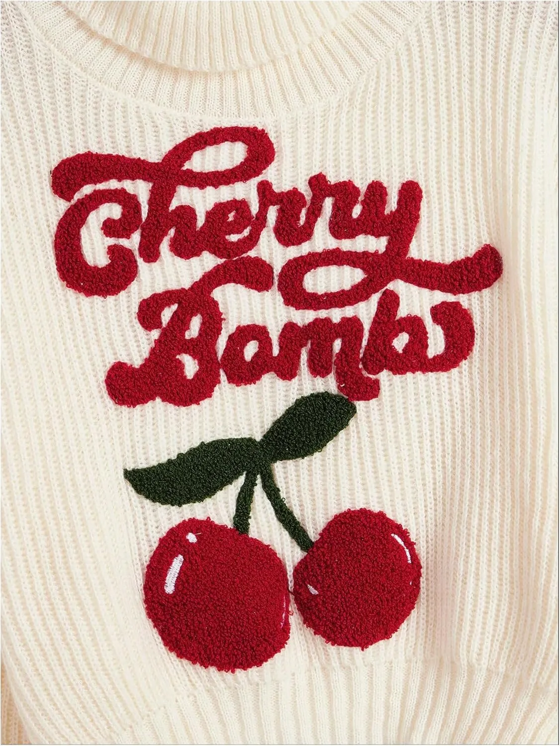 Women's Cherry Embroidered Turtleneck Sweaters Long Sleeve Knit Pullover Tops Knitwear