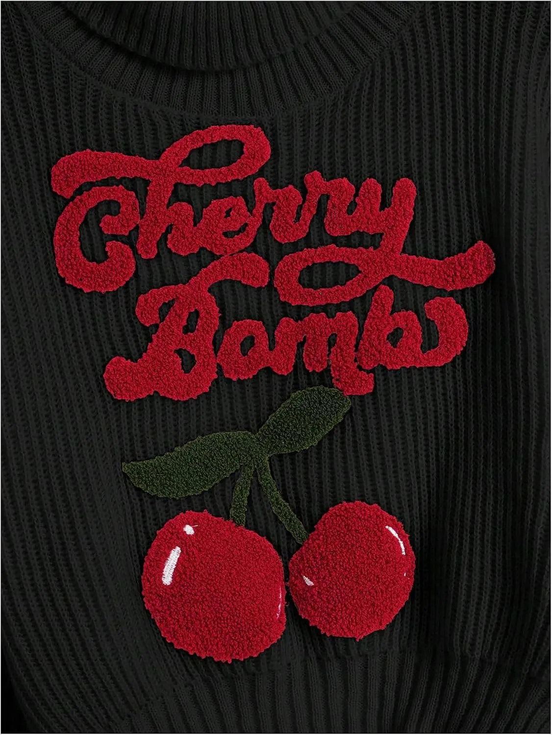 Women's Cherry Embroidered Turtleneck Sweaters Long Sleeve Knit Pullover Tops Knitwear