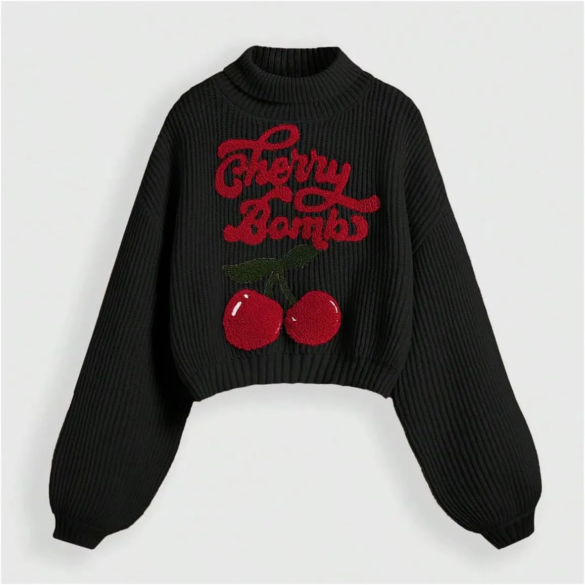 Women's Cherry Embroidered Turtleneck Sweaters Long Sleeve Knit Pullover Tops Knitwear