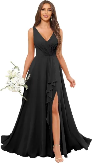 Women's Chiffon Bridesmaid Dresses 2025 with Pockets Long Slit Wedding Guest Dress Formal Evening Gowns