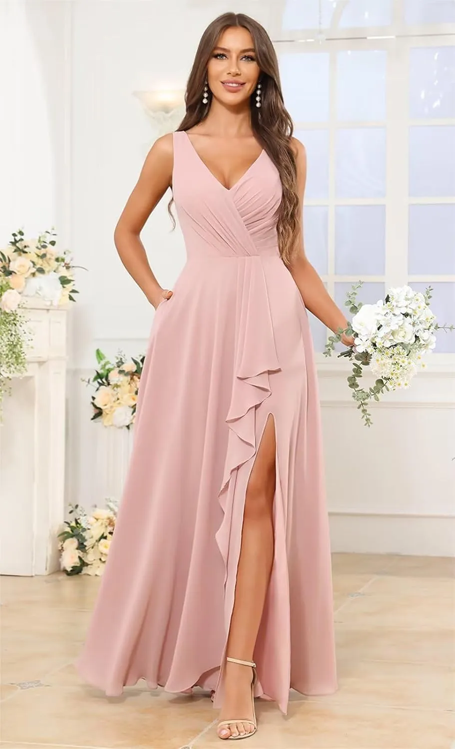 Women's Chiffon Bridesmaid Dresses 2025 with Pockets Long Slit Wedding Guest Dress Formal Evening Gowns