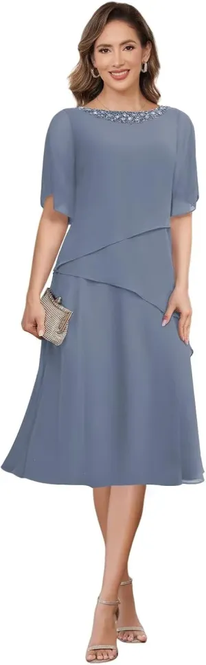 Women's Chiffon Mother of The Bride Dresses with Sleeves Scoop Neck A Line Formal Evening Dress VS178
