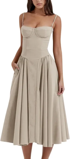 Womens Corset Dress Elegant Spaghetti Strap Bustier Midi Dress Flowy Pleated Hem Low Cut Prom Dresses with Pockets