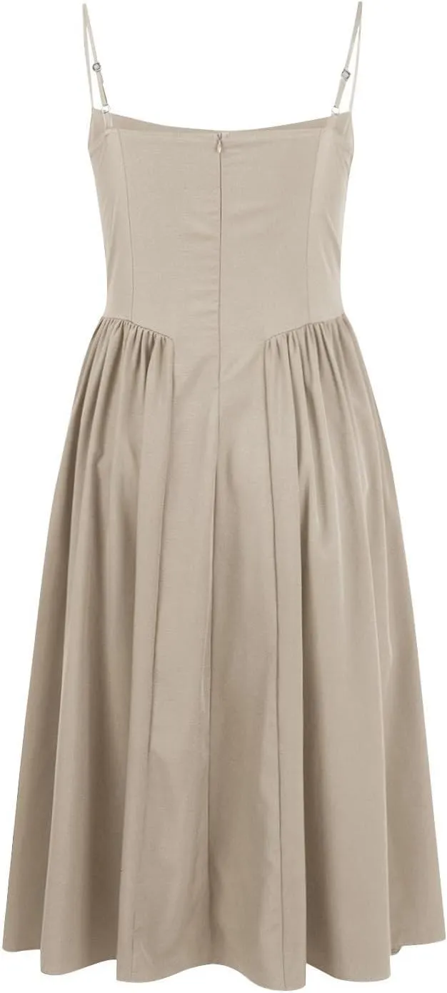 Womens Corset Dress Elegant Spaghetti Strap Bustier Midi Dress Flowy Pleated Hem Low Cut Prom Dresses with Pockets