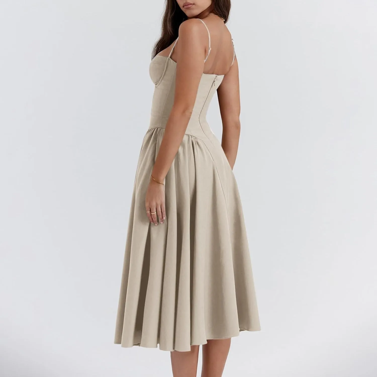 Womens Corset Dress Elegant Spaghetti Strap Bustier Midi Dress Flowy Pleated Hem Low Cut Prom Dresses with Pockets