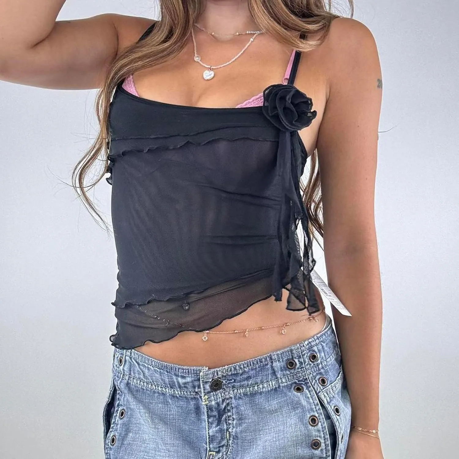 Women's Cute Lace Trim Tank Tops Y2K Heart Print Sleeveless Slim Cami Tops Graphic Scoop Neck Little Bow Ribbed Vest