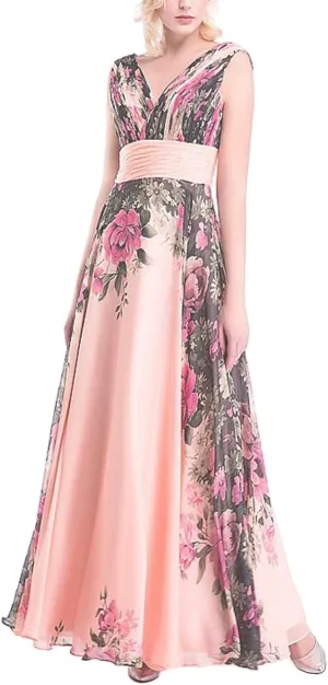 Womens Floral Print Chiffon Long Prom Bridesmaid Dress Evening Gown