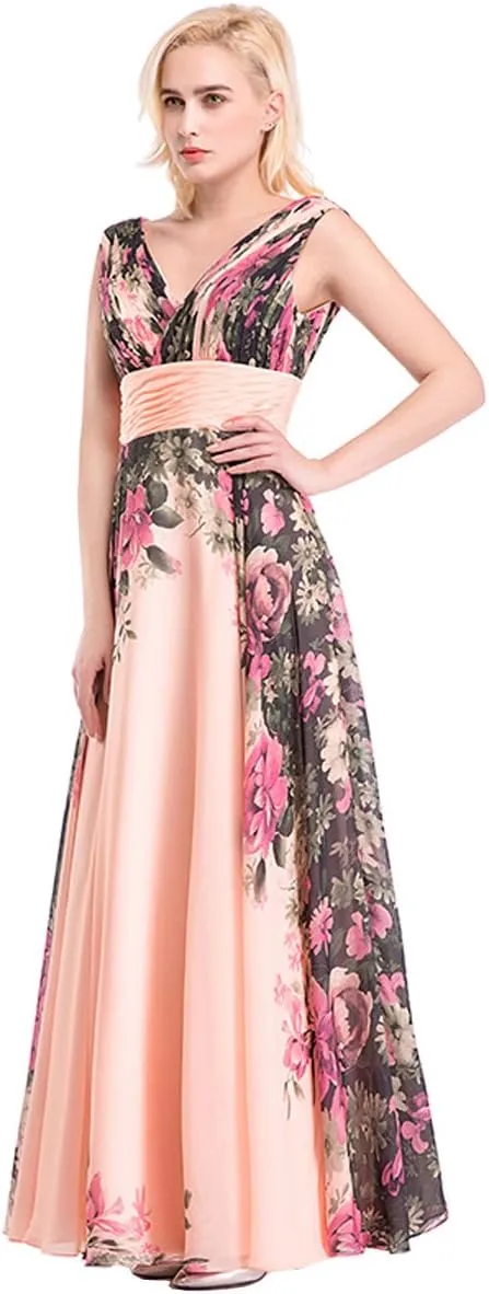 Womens Floral Print Chiffon Long Prom Bridesmaid Dress Evening Gown