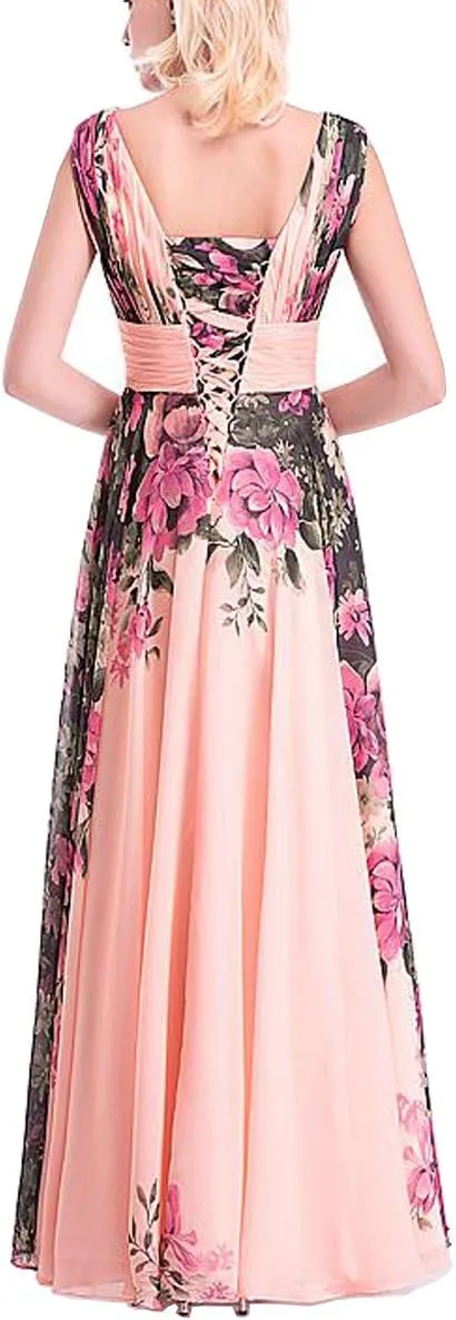 Womens Floral Print Chiffon Long Prom Bridesmaid Dress Evening Gown