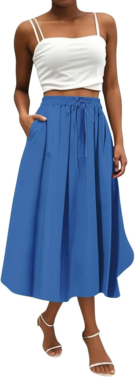 Women's Flowy Midi Skirt 2025 Trendy Summer Boho Pleated Elastic Waisted Casual Beach Long Skirts with Pockets