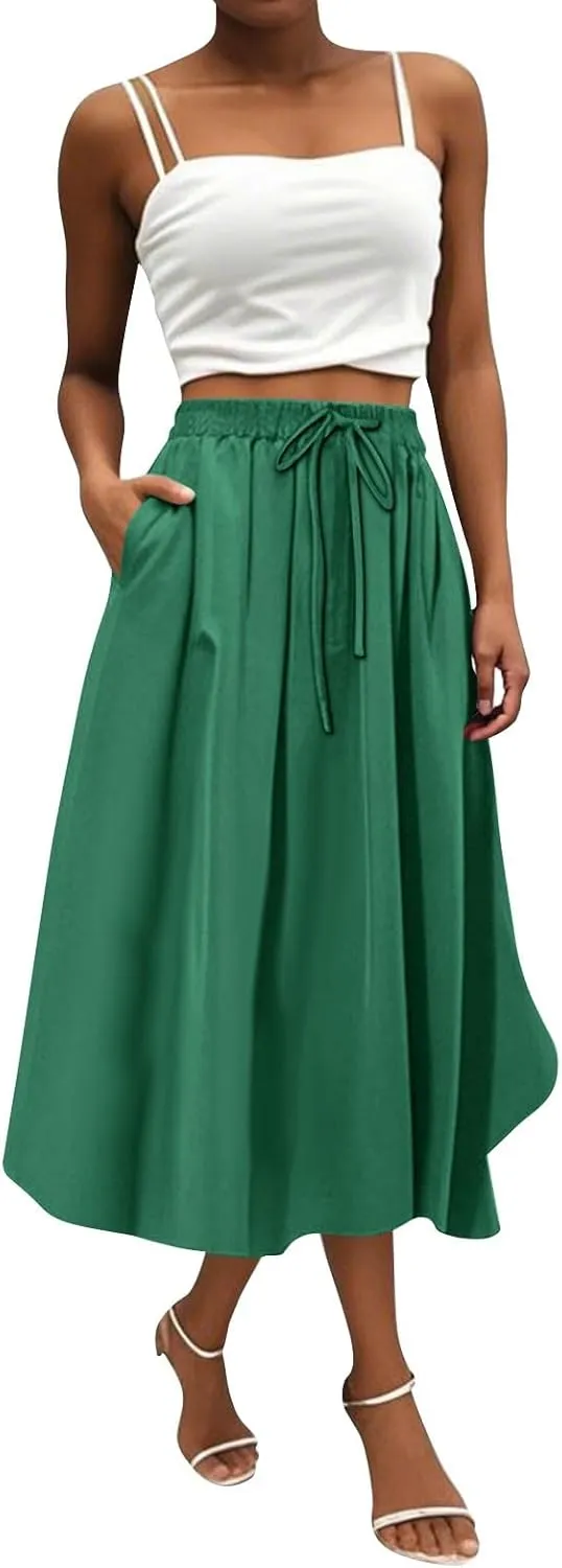 Women's Flowy Midi Skirt 2025 Trendy Summer Boho Pleated Elastic Waisted Casual Beach Long Skirts with Pockets