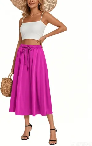 Women's Flowy Midi Skirt 2025 Trendy Summer Boho Pleated Elastic Waisted Casual Beach Long Skirts with Pockets