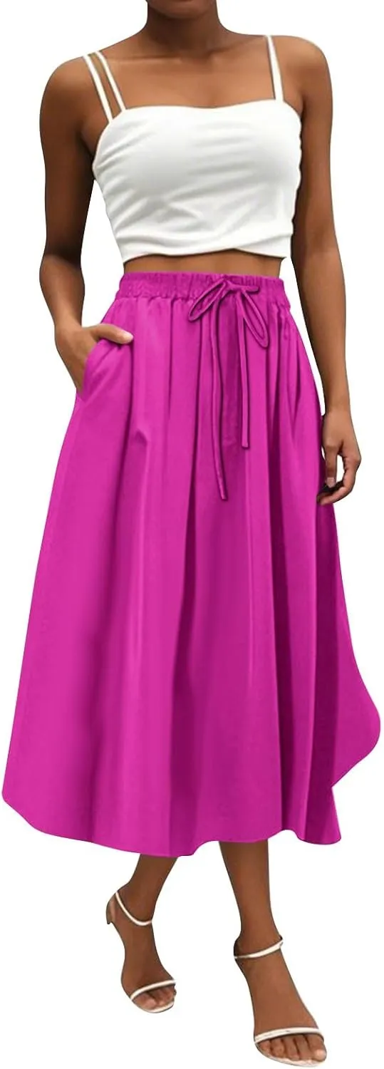 Women's Flowy Midi Skirt 2025 Trendy Summer Boho Pleated Elastic Waisted Casual Beach Long Skirts with Pockets