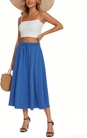 Women's Flowy Midi Skirt 2025 Trendy Summer Boho Pleated Elastic Waisted Casual Beach Long Skirts with Pockets