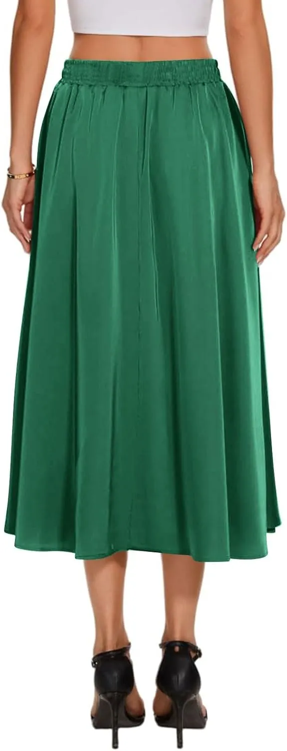Women's Flowy Midi Skirt 2025 Trendy Summer Boho Pleated Elastic Waisted Casual Beach Long Skirts with Pockets
