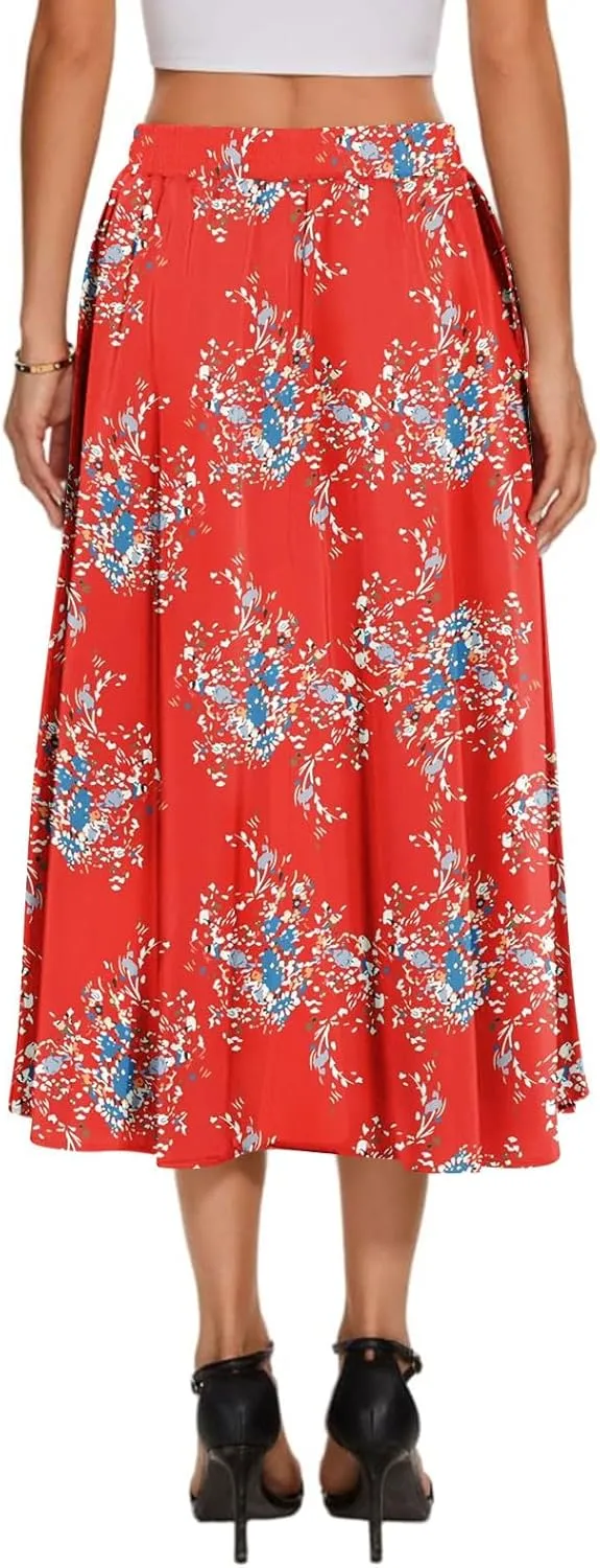 Women's Flowy Midi Skirt 2025 Trendy Summer Boho Pleated Elastic Waisted Casual Beach Long Skirts with Pockets