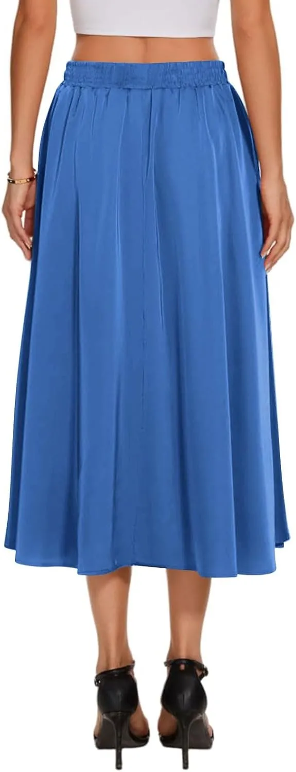 Women's Flowy Midi Skirt 2025 Trendy Summer Boho Pleated Elastic Waisted Casual Beach Long Skirts with Pockets