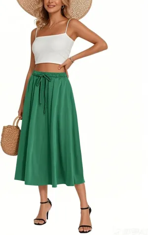 Women's Flowy Midi Skirt 2025 Trendy Summer Boho Pleated Elastic Waisted Casual Beach Long Skirts with Pockets